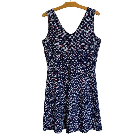Title Nine Dream V Neck Dress Wild Waves Geometric Print Navy Blue Travel Size L - Picture 1 of 11